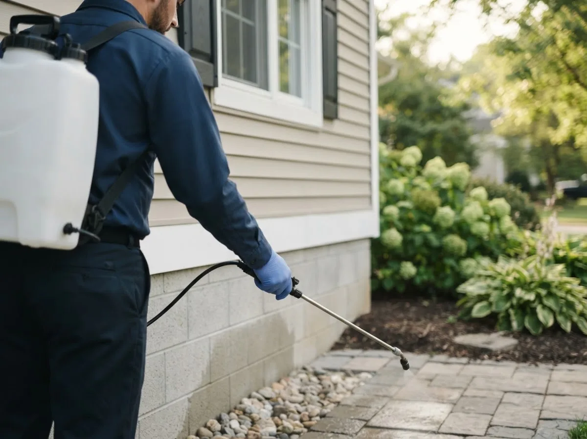 Pest control technician inspecting a home in Culloden, WV